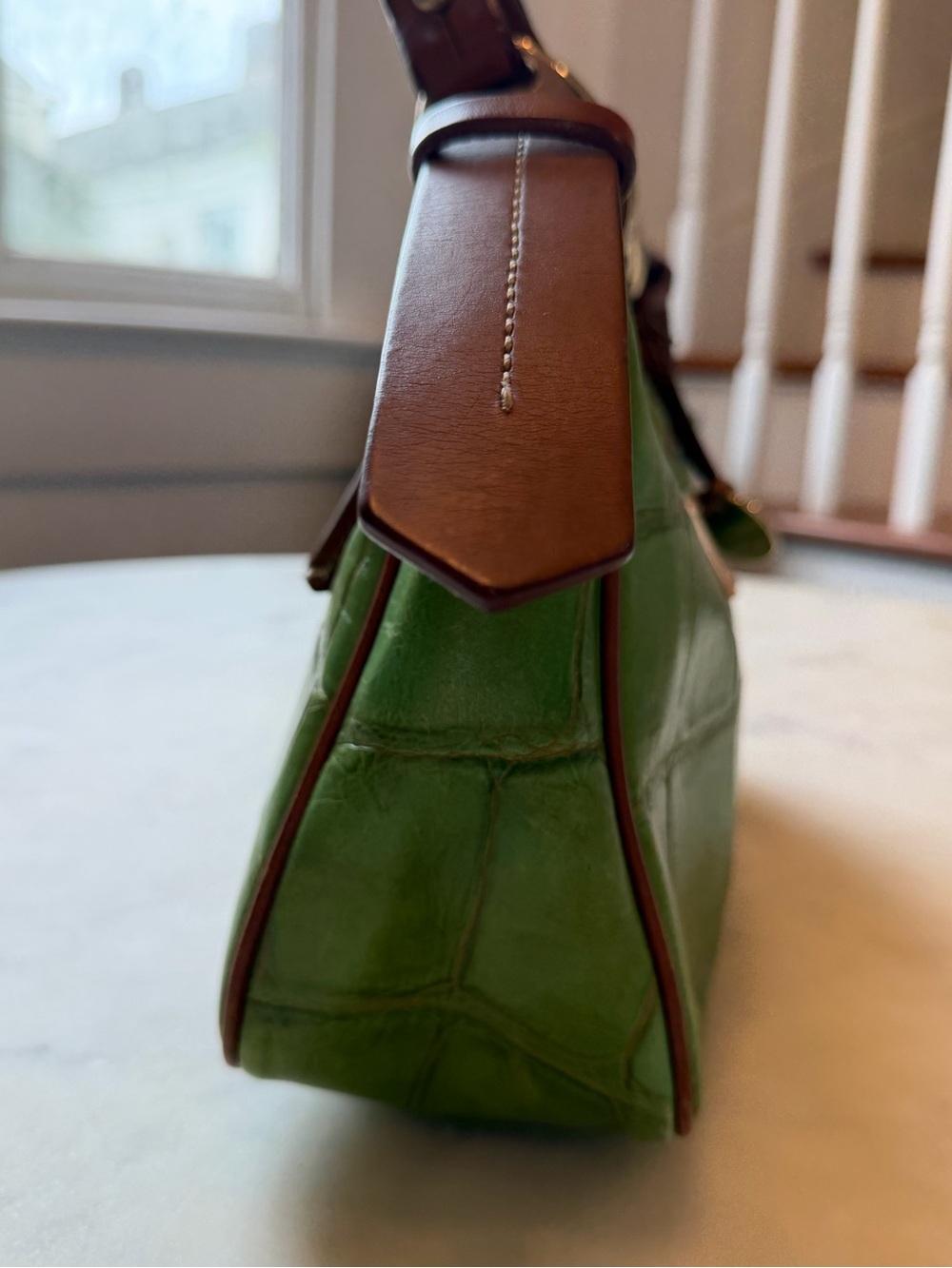 Dooney & Bourke Green Croc-Embossed Leather Shoulder Bag with Brown Trim - Picture 5 of 11